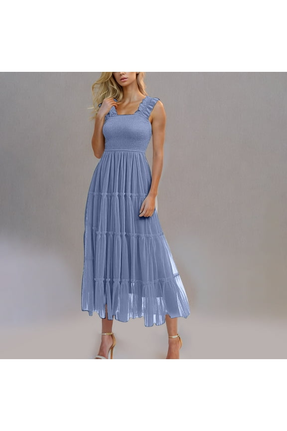 Summer Midi Tulle Sun Dresses for Women Ruffle Tiered Sleeveless Flowy Swing Loose Fit Church Graduation Dress Smocked Square Neck Cocktail Holiday Vacation Dress