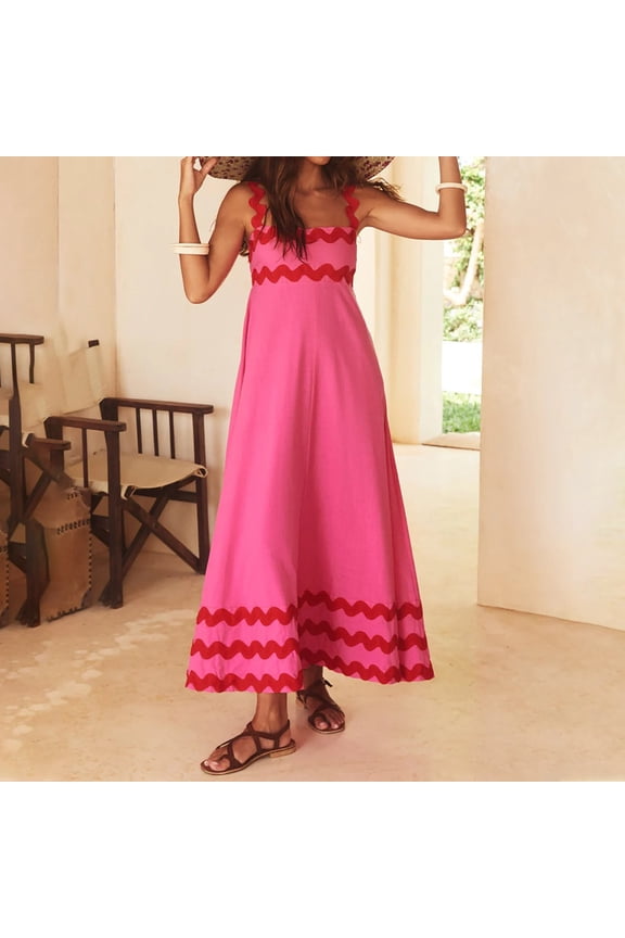 Summer Spring Sleeveless Spaghetti Strap Curvy Dresses for Womens Casual Loose Striped Tiered Swing Aline Flowy Maxi Long Dress Square Neck Trendy Outfits Vestidos de Verano para Mujer