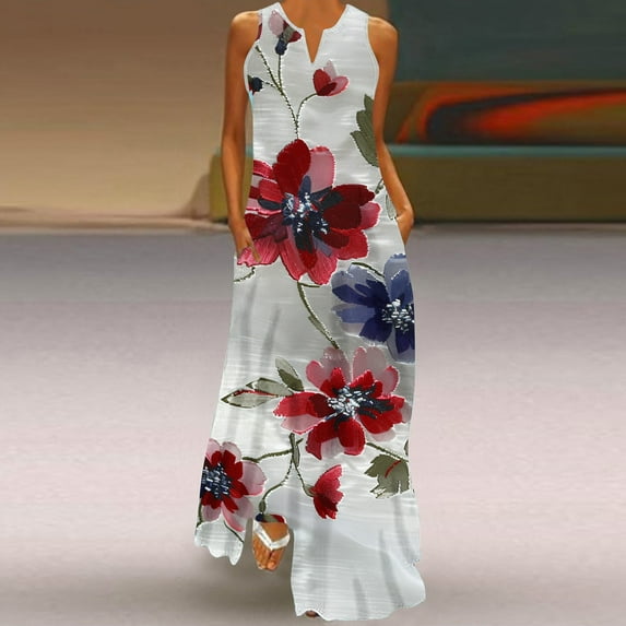 Cagogo Summer Spring Vintage Floral Swing Flowy Maxi Long Tank Sun Dress for Women Wedding Guest Dresses Casual Loose Sleeveless V Neck Cute White Cocktail Dresses