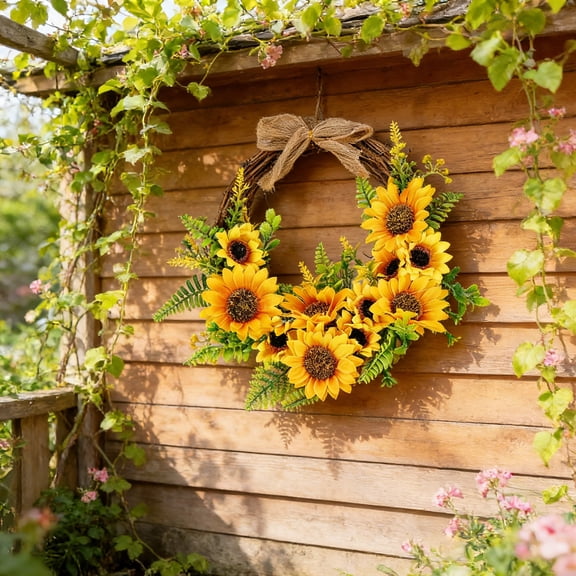 Cagogo Sunflower Wreath, Garden Wall Decor, Yellow Plastic Sunflower Hanging Pendant, Festival Home Decor for Spring Summer, Front Door Wreath for Porch Patio, Indoor Outdoor Wall Hanging Decoration