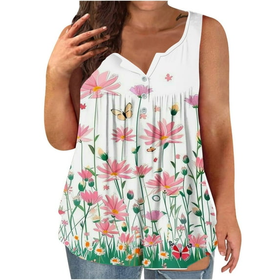 Cagogo Teen Girls Plus Size Tank Tops Under $5 Flowy Pleated Trendy Summer Summer Camisoles Casual Button Up Floral Printed V Neck Sleeveless Tunic Tops
