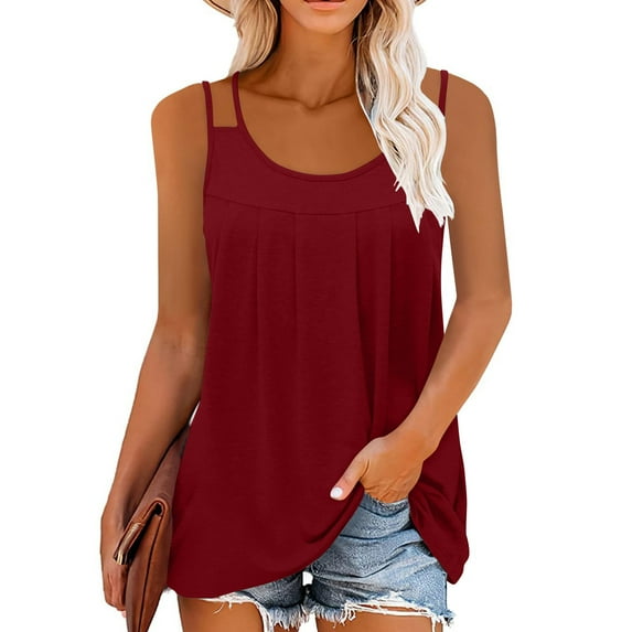 Cagogo Teen Girls Summer Pleated Tank Tops Under $5 Spaghetti Strap Cute Beach Camis T-Shirts Loose Fit Sleeveless Sexy Scoop Neck Flowy Tunic Tops
