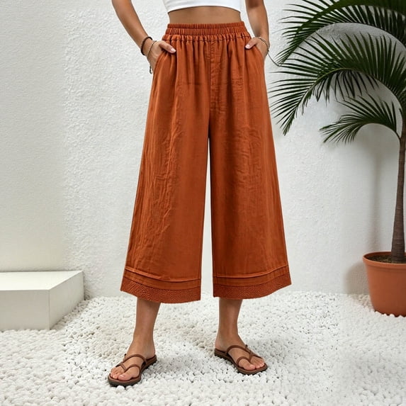 Cagogo Women Capri Pants Cotton Linen Wide Leg Elastic Waist Flowy Casual Summer Beach Trousers Loose High Waisted Palazzo Pants with Pockets Travel Work Clothes, Watermelon Red M