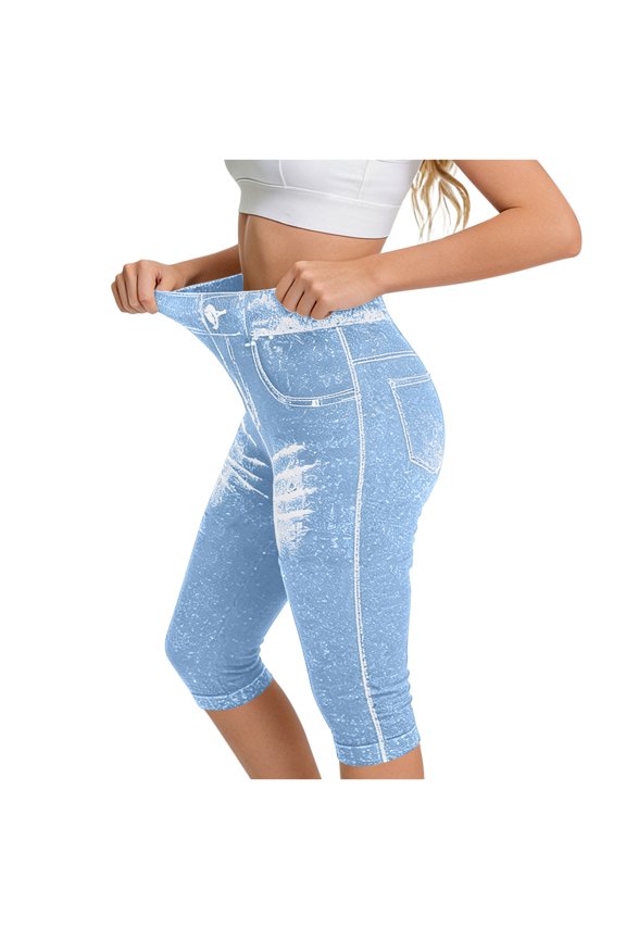 Women Capri Pants High Waisted Ripped Distressed Casual Streetwear Workout Slim Fit Capri Pants Leggings for Summer Fashion Beach Lounge Trousers, Light Blue S