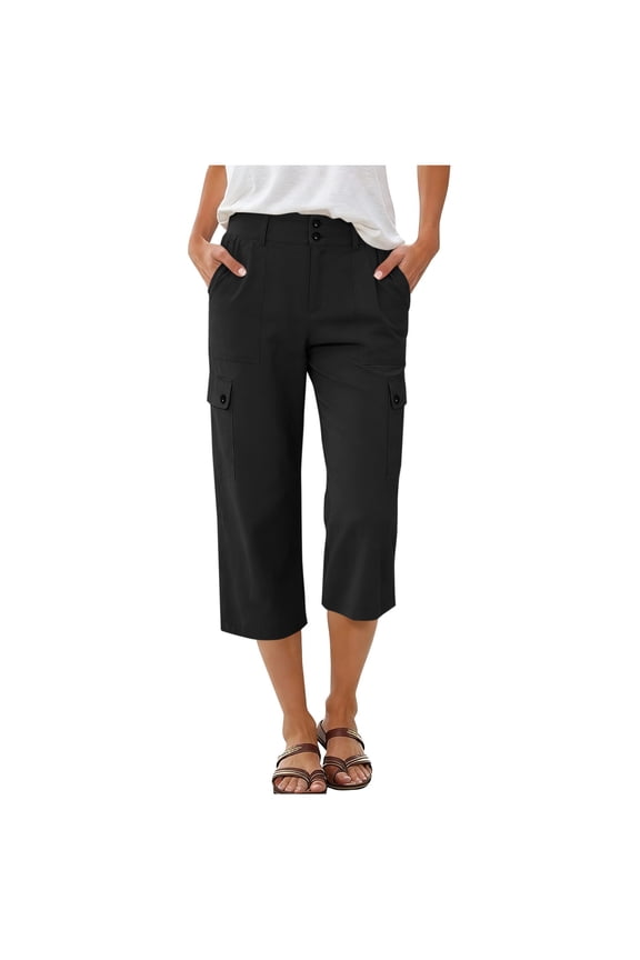 Women Capri Pants High Waisted with Pockets Casual Solid Loose Cargo Pants for Summer Travel Beach Work Lounge Fashion Clothes, Black XL