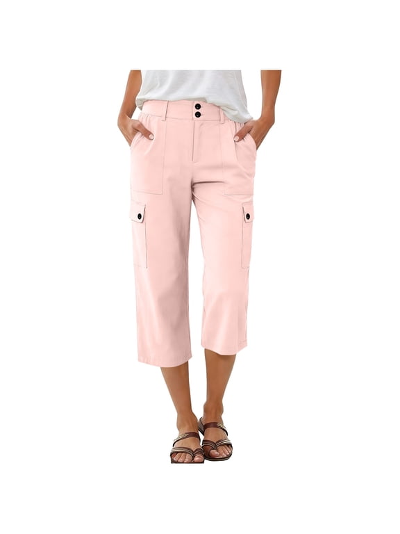 Women Capri Pants High Waisted with Pockets Casual Solid Loose Cargo Pants for Summer Travel Beach Work Lounge Fashion Clothes, Pink M