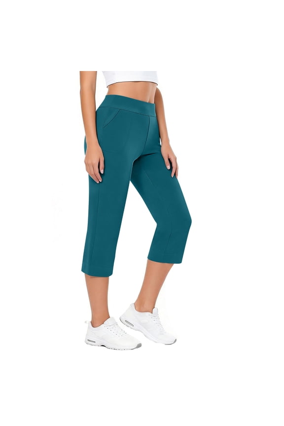 Women Capri Pants High Waisted with Pockets Solid Casual Regular Fit Cropped Trousers for Summer Beach Work Lounge Flowy Palazzo, Blue S