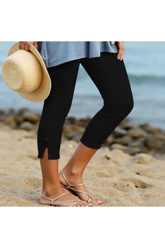 Women Capri Pants Summer Casual Loose High Waisted Cropped Pants Elastic Waist Button Solid Basic Vacation Beach Trousers Fashion Beachwear, Black L
