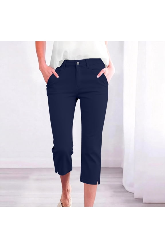 Women Capri Pants Wide Leg Summer Casual Loose High Waisted Cropped Palazzo Pants Flowy Beach Work Lounge Trousers with Pockets Fashion Clothes, Navy S