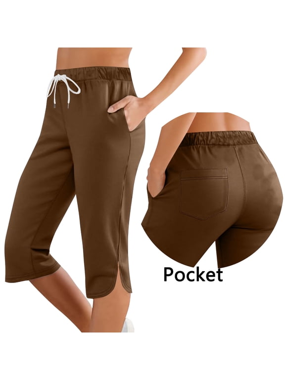 Women Capri Pants with Pockets Elastic Waist Casual Loose Summer Lounge Pants Workout Cropped Pants Beach Yoga Travel Trousers, Brown 2XL