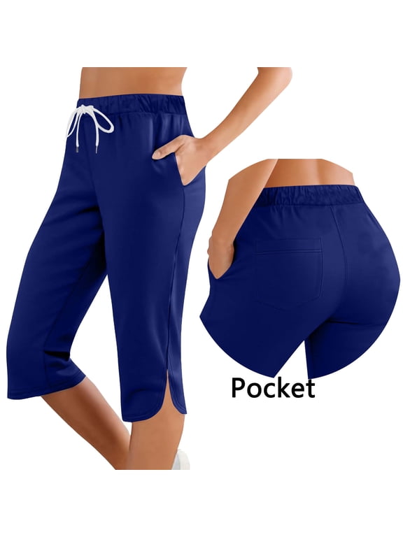 Women Capri Pants with Pockets Elastic Waist Casual Loose Summer Lounge Pants Workout Cropped Pants Beach Yoga Travel Trousers, Dark Blue S