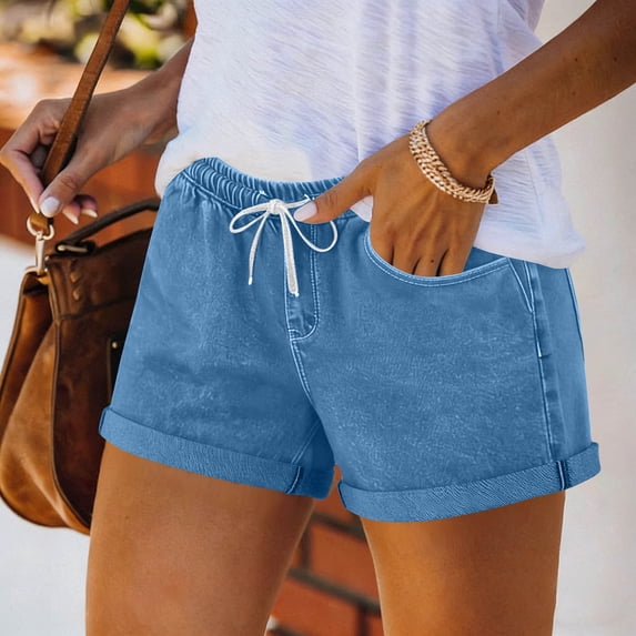 Cagogo Women Casual Elastic Waist Flowy Loose Shorts for Summer Vacation Beach Travel Solid Drawstring Lounge Shorts with Pockets, Sky Blue S