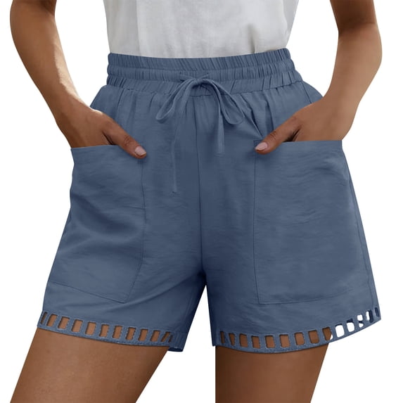 Cagogo Women Casual Elastic Waist Shorts with Pockets Loose Fit Summer Beach Work Lounge Cotton Short Pants Flowy Travel Clothes, Navy L