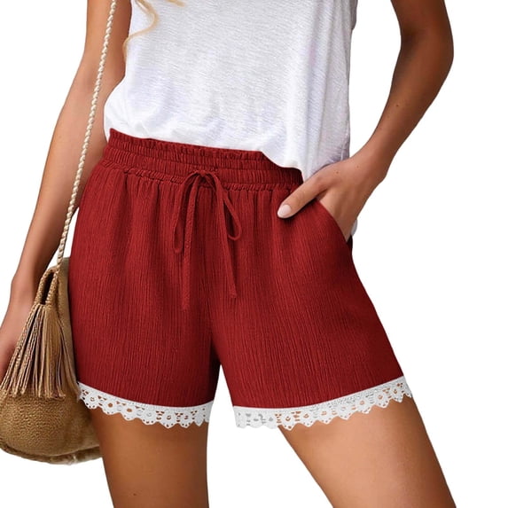 Cagogo Women Casual Loose Shorts with Pockets Elastic Waist Solid Summer Party Shorts for Women High Waisted Lounge Beach Travel Shorts Comfortable Everyday Pants, Red 2XL