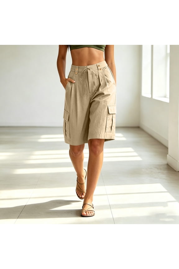 Women Cotton Linen Cargo Shorts with Pockets High Waisted Flowy Casual Bermuda Pants Summer Loose Fit Lounge Beach Shorts for Daily Wear, Khaki S
