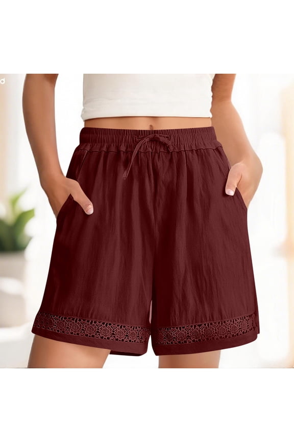 Women Cotton Linen Elastic Waist Flowy Casual Shorts Solid Boho Beach Vacation Drawstring Loose Summer Shorts for Women Fashion Beachwear Trousers, Wine L