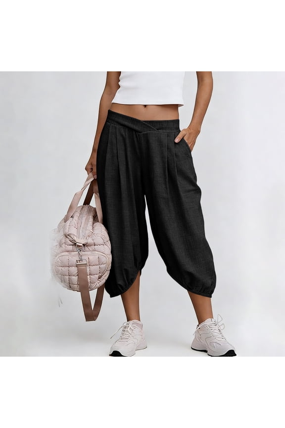 Women Cotton Linen Harem Pants Elastic Waist Flowy Casual Capri Pants with Pockets Loose Regular Fit Cropped Travel Lounge Trousers Summer Beach Wear, Black M