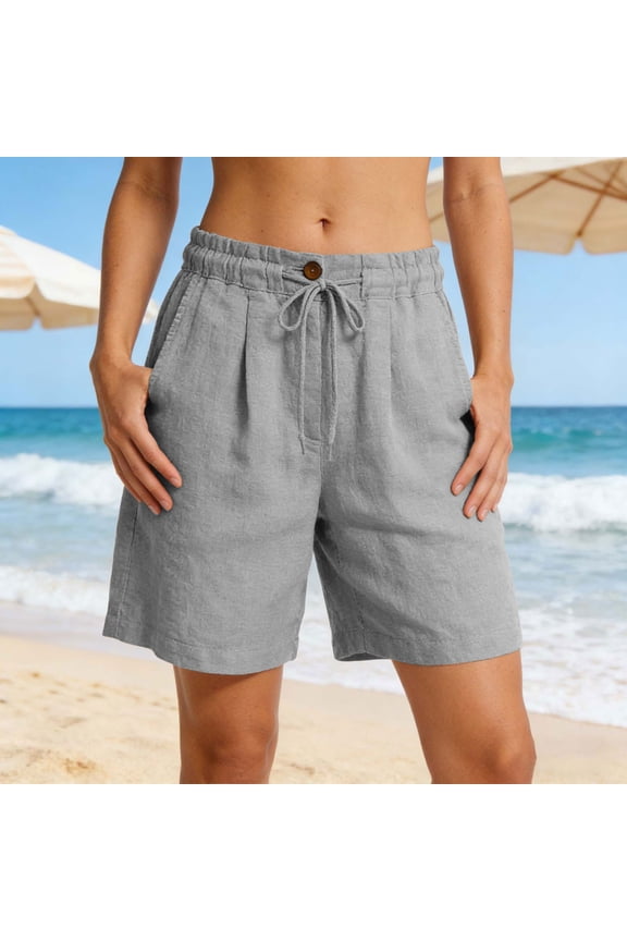 Women Cotton Linen Plus Size Elastic Waist Flowy Casual Beach Bermuda Shorts Loose Relaxed Fit Summer Vacation Travel Shorts with Pockets, Gray XL