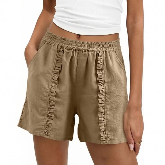 Cagogo Women Cotton Linen Plus Size Relaxed Elastic Waist Flowy Casual Shorts Solid Basic Vacation Beach Lounge Pants Shorts, Khaki L