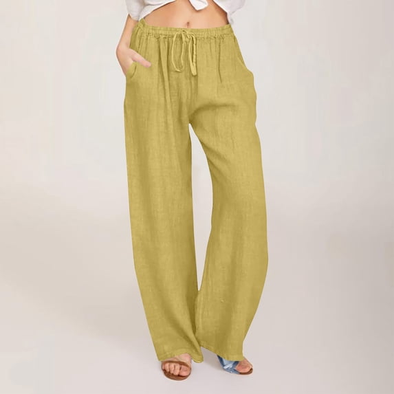 Cagogo Women Cotton Linen Plus Size Wide Leg Elastic Waist Flowy Casual Palazzo Pants for Summer Beach Vacation Lounge Long Trousers with Pockets, Gold S