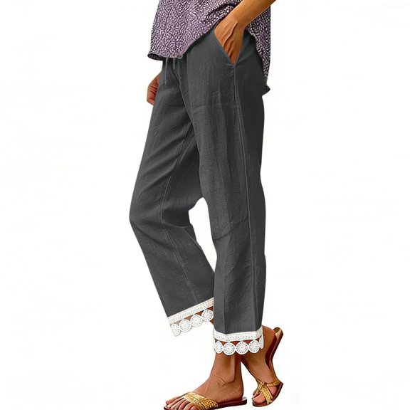 Cagogo Women Cotton Linen Straight Elastic Waist Pants with Pockets Solid Casual Ankle Trousers Lounge Work Beach Clothes, Gray S