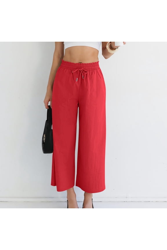 Women Cotton Linen Wide Leg Capri Pants for Summer Casual Elastic Waist Pockets Loose Crop Palazzo Trousers Travel Beach Vacation Lounge, Red M