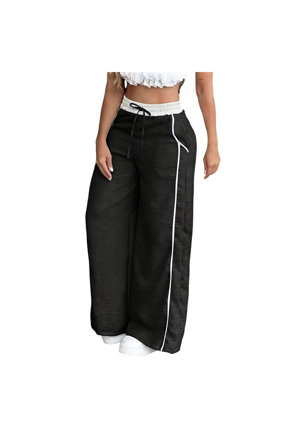 Women Cotton Linen Wide Leg Pants High Waisted Casual Lounge Trousers with Pockets Solid Long Palazzo Bottom Flowy Beach Party Clothes, Black M