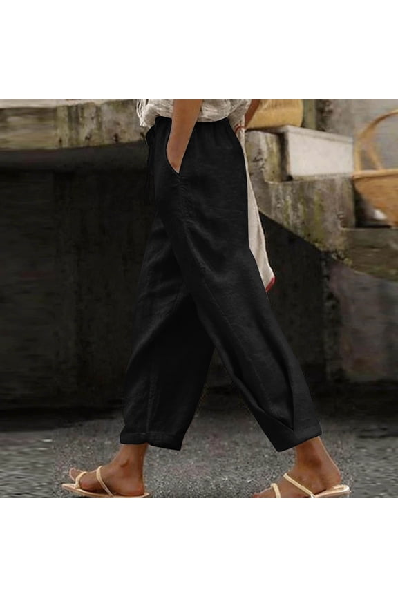 Women Cotton Linen Wide Leg Pants Plus Size Elastic Waist Flowy Casual Solid Harem Ankle Trousers for Party Lounge Beach Summer, Black 2XL