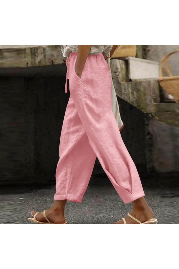 Women Cotton Linen Wide Leg Pants Plus Size Elastic Waist Flowy Casual Solid Harem Ankle Trousers for Party Lounge Beach Summer, Pink M