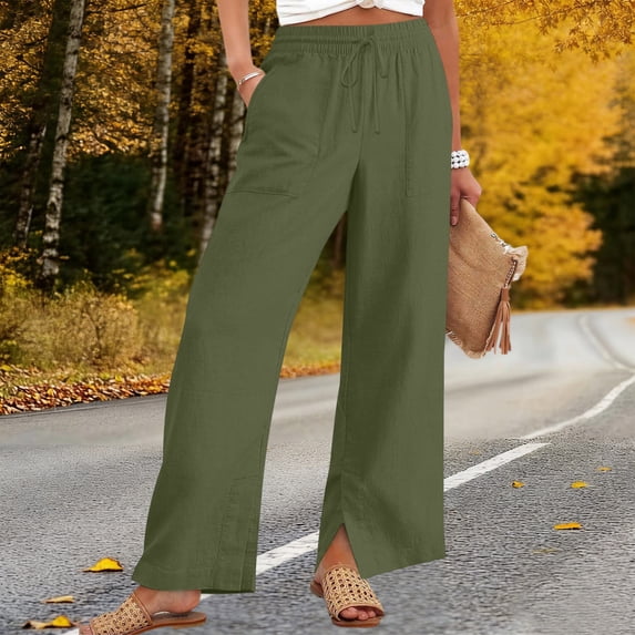 Cagogo Women Cotton Linen Wide Leg Pants Plus Size Elastic Waist with ...