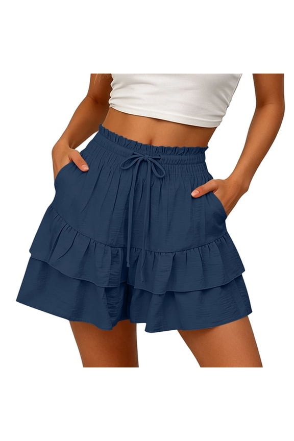 Women Elastic Waist Loose Flowy Shorts Summer Casual Beach Vacation Solid Shorts for Women with Pockets Lounge Wear, Navy 2XL