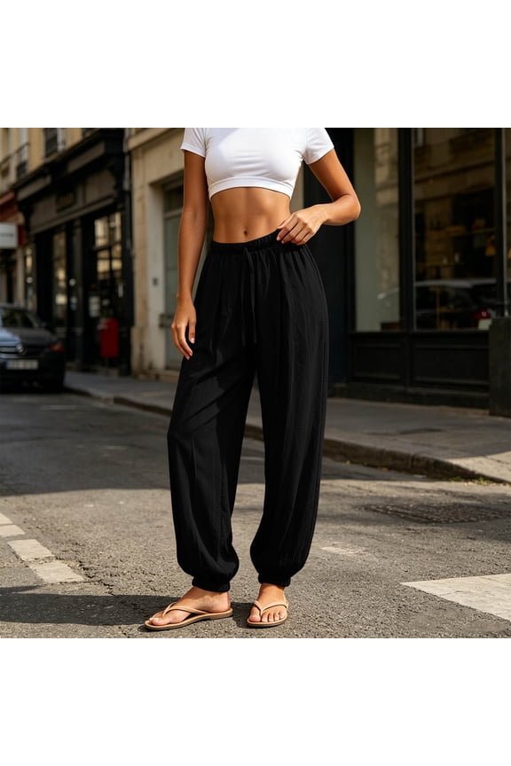 Women Harem Casual Elastic Waist Flowy Lounge Long Pants Summer Loose Beach Vacation Boho Cropped Trousers Fashionable Travel Clothes, Black M