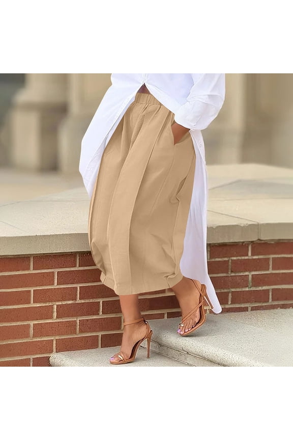 Women Harem Pants Casual Elastic Waist Flowy Baggy Midi Trousers Solid Workout Lounge Beach Summer, Khaki S