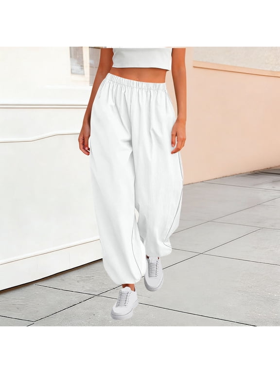 Women Harem Pants Flowy Casual Loose Long Trousers with Pockets Elastic Waist Solid Basic Lounge Pants for Summer Beach Yoga, White S