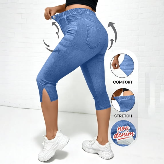 Cagogo Women High Waisted Capri Pants Summer Casual Loose Slim Fit Cropped Jeans Stretch Solid Capri Trousers for Beach Work Lounge with Pockets Fashion Clothes, Dark Blue 2XL