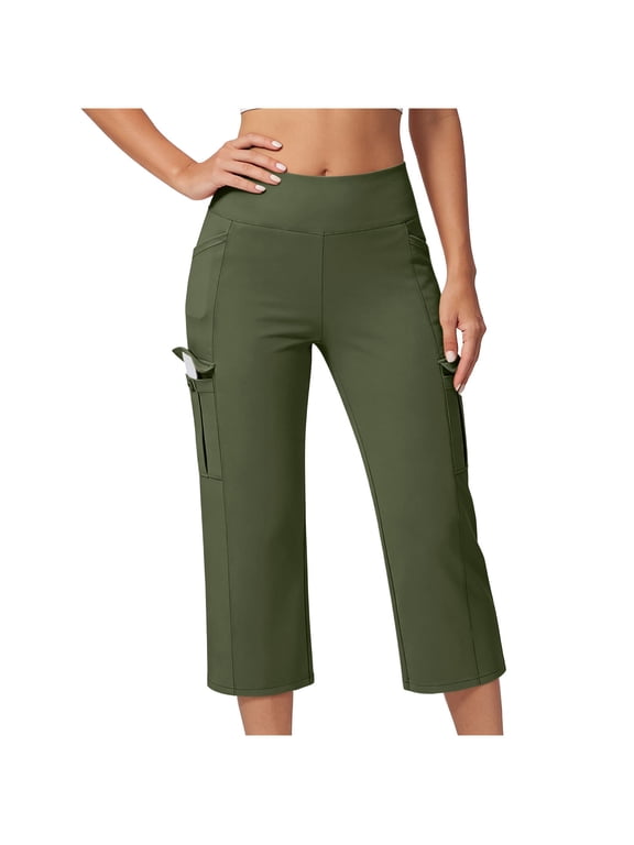 Women High Waisted Capri Pants with Pockets Casual Solid Regular Fit Workout Sport Lounge Pants Flowy Summer Beach Trousers, Green 2XL