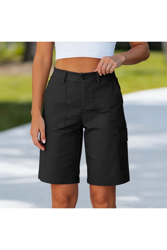 Women High Waisted Cargo Shorts with Pockets Casual Solid Bermuda Pants Regular Fit Summer Outdoor Travel Hiking Work Lounge Trousers Beach Clothes, Black L