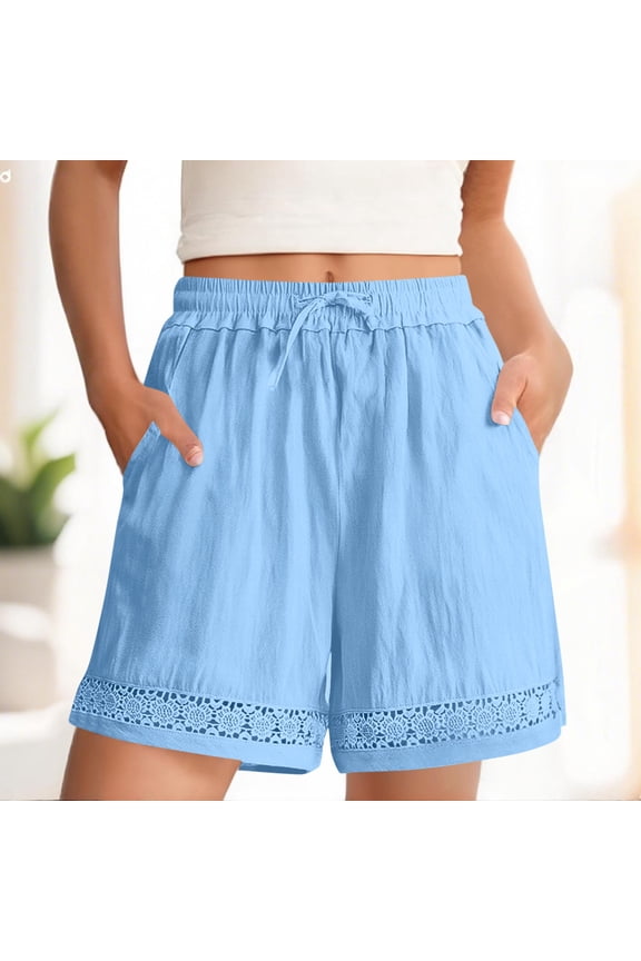 Women Linen Cotton Shorts Elastic High Waist Flowy Casual Solid Boho Beach Vacation Loose Shorts with Pockets Summer Travel Lounge Trousers, Blue M