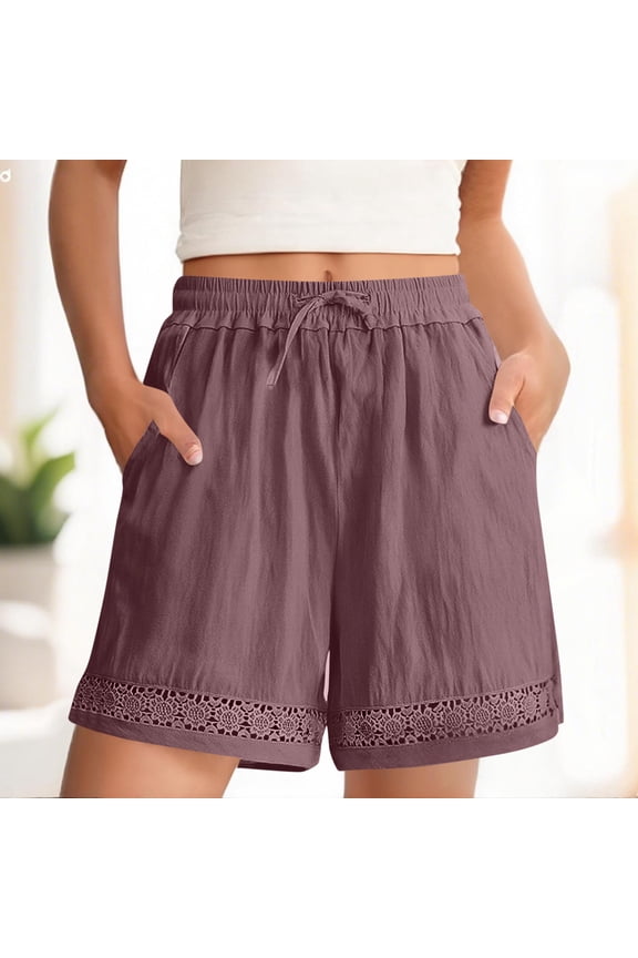 Women Linen Cotton Shorts Elastic High Waist Flowy Casual Solid Boho Beach Vacation Loose Shorts with Pockets Summer Travel Lounge Trousers, Purple L