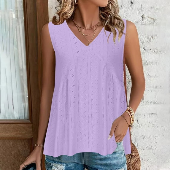 Cagogo Women Loose Fitting Embroidered Eyelet Tank Tops Under $10 Sleeveless Country Flowy V Neck Sexy Cami Shirt Basic Going Out Tanks Outfits Mothers Day Gifts