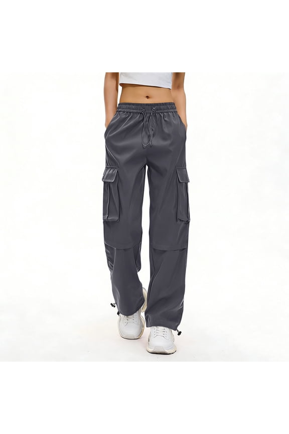 Women Loose Wide Leg Pants with Pockets Casual Elastic Waist Long Cargo Trousers Travel Lounge Beachwear for Summer, Dark Gray L