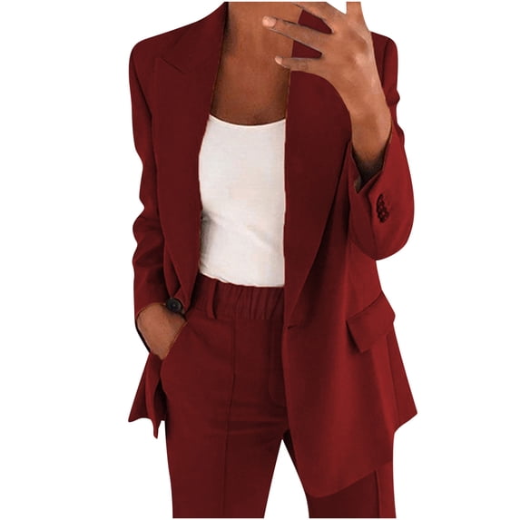 Cagogo Women Plus Size 2 Piece Blazer Set Open Front Long Sleeve Jacket Elastic Waisted Pants Matching Work Business Outfits Casual Solid Office Suit Tracksuit Travel Clothes, Wine 3XL