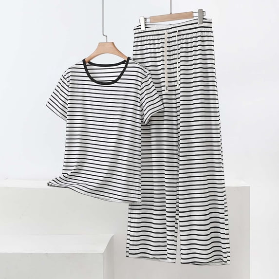 Cagogo Women Plus Size 2 Piece Casual Set Striped Round Neck Short Sleeve Tshirt Wide Leg Pants Matching Lounge Outfits Summer Cruise Airport Travel Clothes, Black 5XL