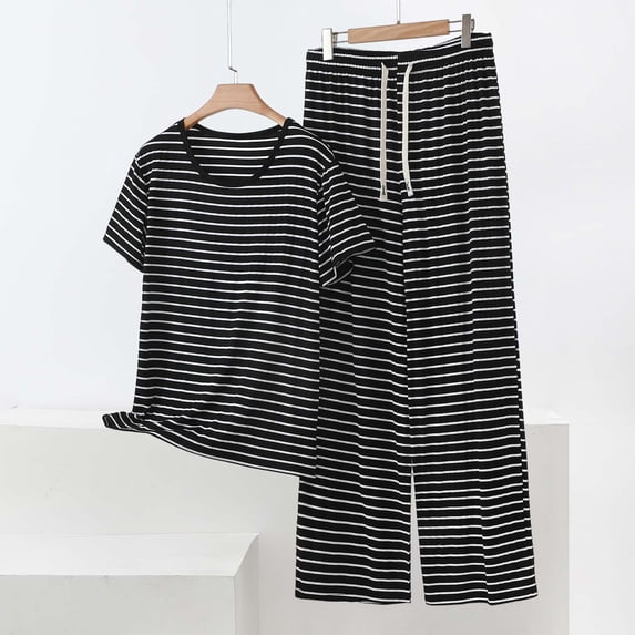 Cagogo Women Plus Size 2 Piece Casual Set Striped Round Neck Short Sleeve Tshirt Wide Leg Pants Matching Lounge Outfits Summer Cruise Airport Travel Clothes, Gray M