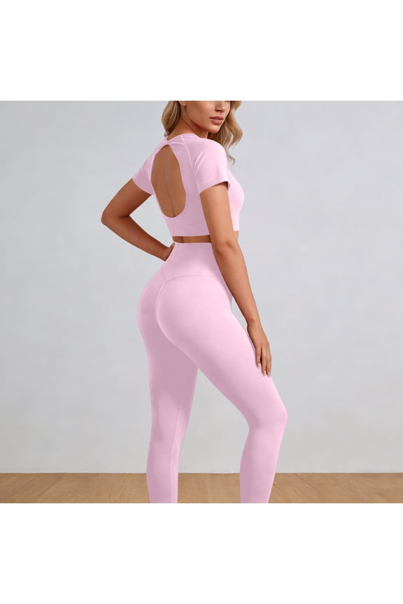 Women Plus Size 2 Piece Crop Top Leggings Set Casual Yoga Workout Outfits Elastic Waisted Short Sleeve Round Neck Solid Basic Matching Lounge Sets Tracksuits Travel Airport Clothes, Pink 2XL