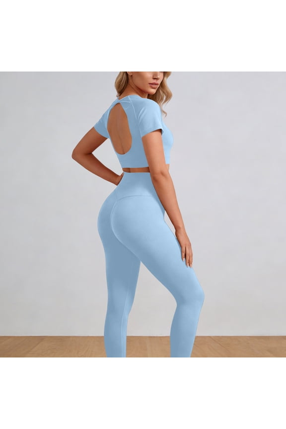 Women Plus Size 2 Piece Crop Top Leggings Set Casual Yoga Workout Outfits Elastic Waisted Short Sleeve Round Neck Solid Basic Matching Lounge Sets Tracksuits Travel Airport Clothes, Light Blue