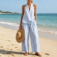 thumbnail image 1 of Cagogo Women Plus Size 2 Piece Halter Neck Sleeveless Tank Top Wide Leg Pants Set Plaid Boho Beach Outfits Loose Summer Vacation Cruise Matching Lounge Suit Tracksuits, Blue L, 1 of 6