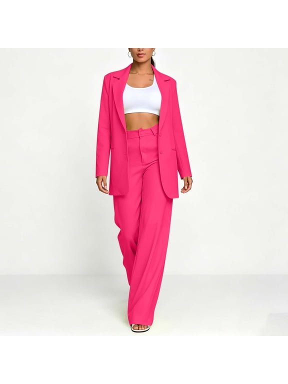 Women Plus Size 2 Piece Lounge Set Collared Long Sleeve Blazer Wide Leg Pants Matching Solid Casual Outfit Travel Loungewear, Hot Pink S