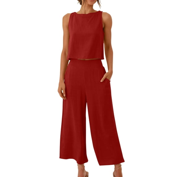 Cagogo Women Plus Size 2 Piece Outfits Casual Round Neck Sleeveless Crop Top Wide Leg Pants Set Summer Cruise Travel Airport Clothes, Red 3XL