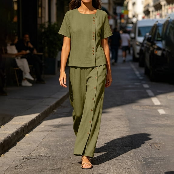 Cagogo Women Plus Size 2 Piece Outfits Round Neck Short Sleeve Tshirt Wide Leg Pants Casual Summer Cruise Tracksuit Loungewear Set for Travel Beach Vacation, Army Green S